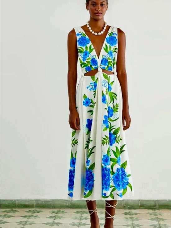 FARM Rio Dresses & Skirts - FARM Rio White Midi Dress with Blue Floral Print